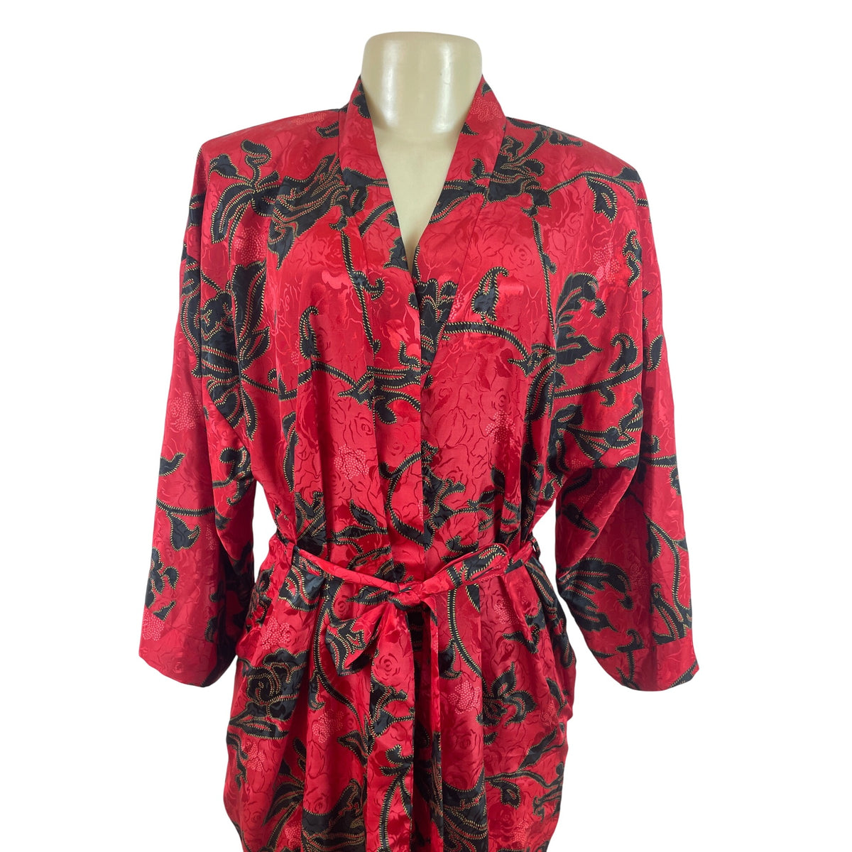 Expressions Women’s Red & Black Floral Jacquard Robe With Belt Long Length Sz M