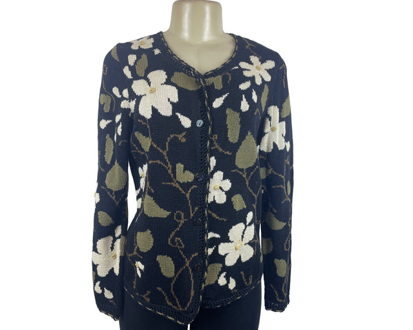 Peruvian Connection Floral Pattern Black Long Sleeve Button Up Cardigan Sz S