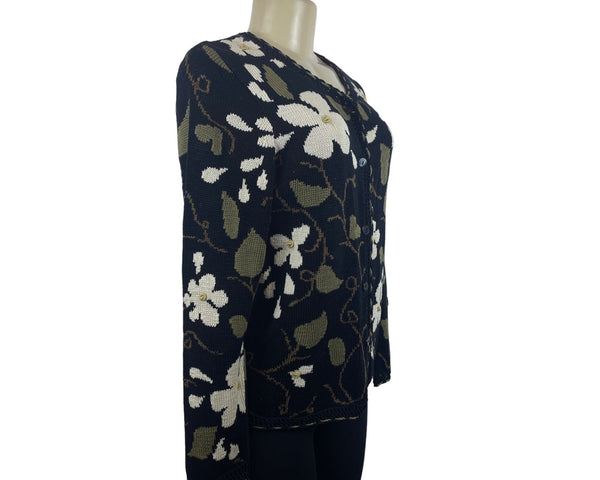 Peruvian Connection Floral Pattern Black Long Sleeve Button Up Cardigan Sz S