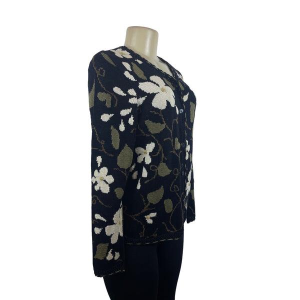 Peruvian Connection Floral Pattern Black Long Sleeve Button Up Cardigan Sz S