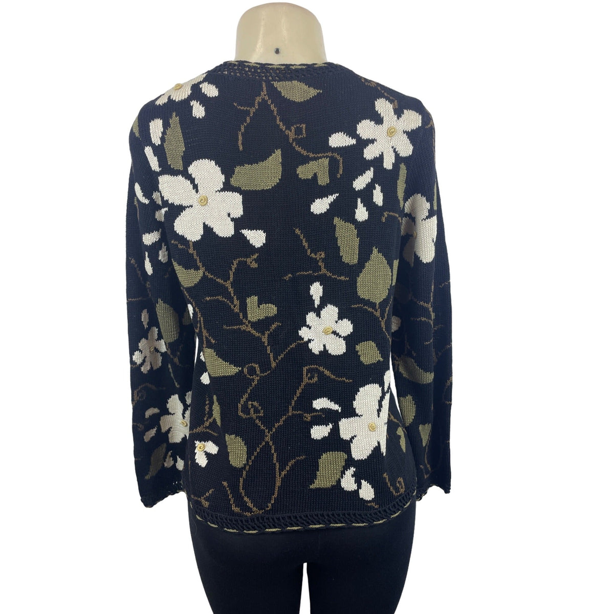 Peruvian Connection Floral Pattern Black Long Sleeve Button Up Cardigan Sz S
