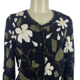 Peruvian Connection Floral Pattern Black Long Sleeve Button Up Cardigan Sz S