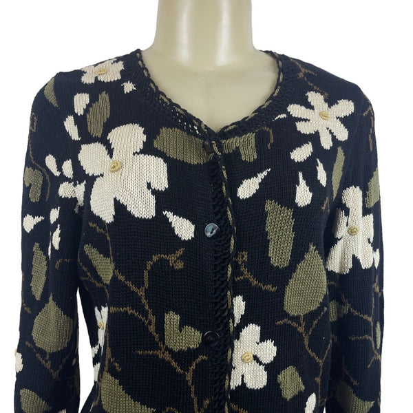 Peruvian Connection Floral Pattern Black Long Sleeve Button Up Cardigan Sz S
