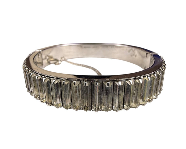 Vintage Silver Tone Womens Hinged Bracelet With Baguette-Cut Glass Accents