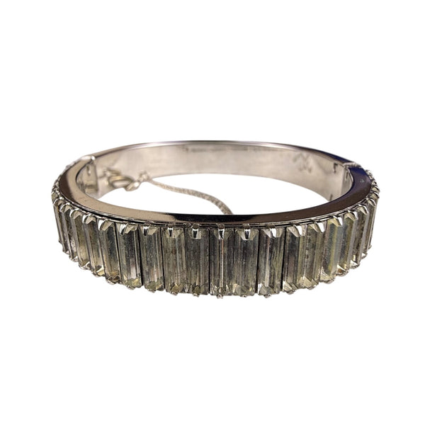 Vintage Silver Tone Womens Hinged Bracelet With Baguette-Cut Glass Accents