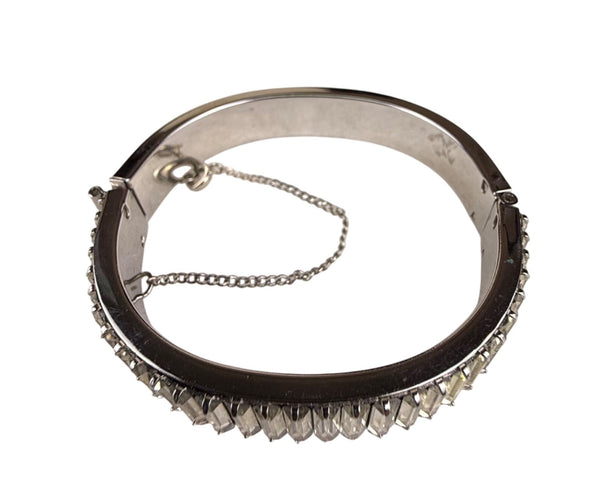 Vintage Silver Tone Womens Hinged Bracelet With Baguette-Cut Glass Accents