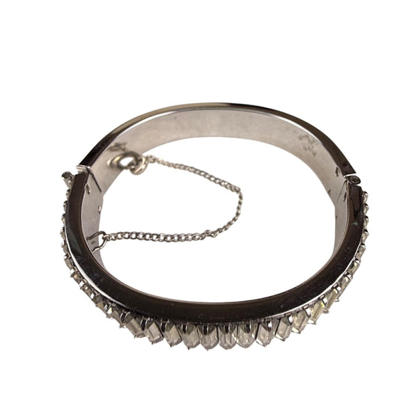 Vintage Silver Tone Womens Hinged Bracelet With Baguette-Cut Glass Accents