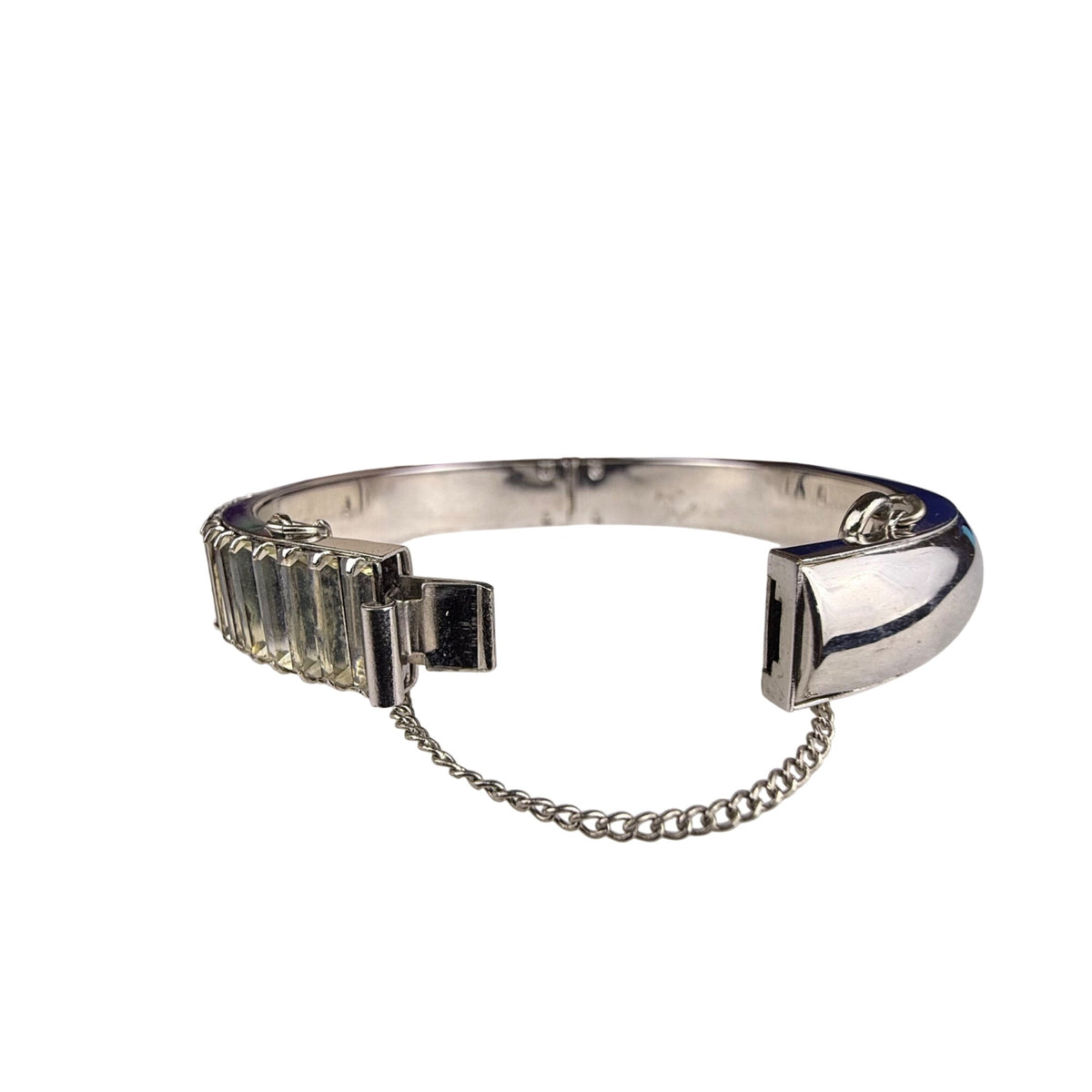Vintage Silver Tone Womens Hinged Bracelet With Baguette-Cut Glass Accents