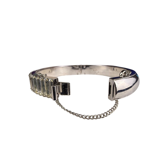 Vintage Silver Tone Womens Hinged Bracelet With Baguette-Cut Glass Accents