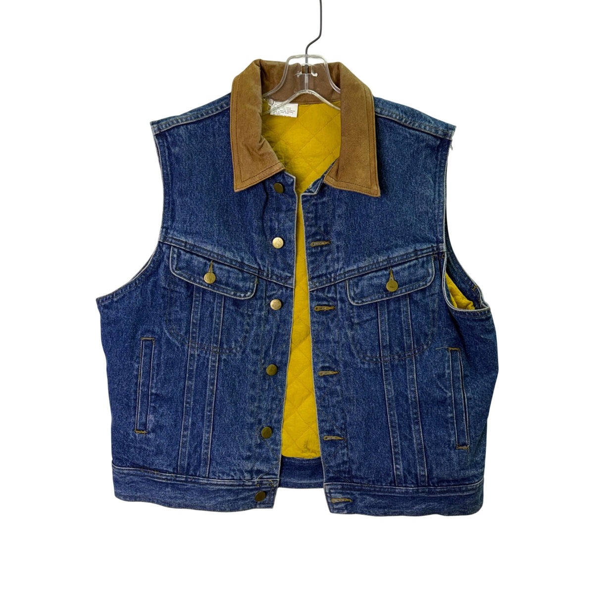 Quilted Denim Mens Blue & Brown Suede Collar Vest Yellow Lining Button Front M