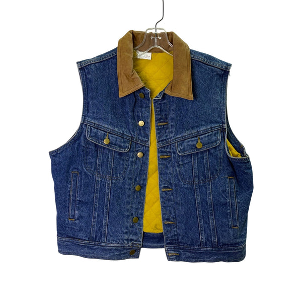 Quilted Denim Mens Blue & Brown Suede Collar Vest Yellow Lining Button Front M