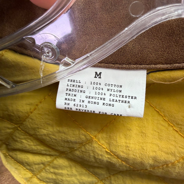 Quilted Denim Mens Blue & Brown Suede Collar Vest Yellow Lining Button Front M