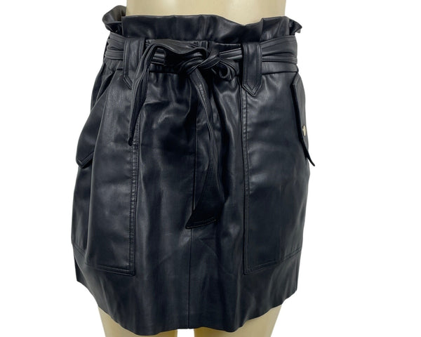 Zara Womens Black Leather A-Line Mini Skirt With Paperbag Waist Size L