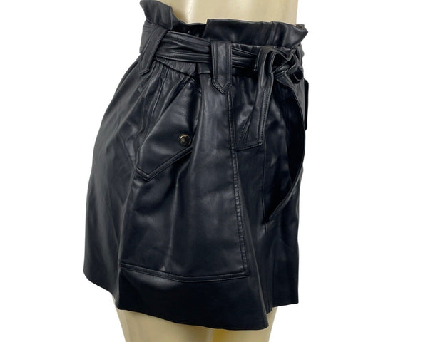 Zara Womens Black Leather A-Line Mini Skirt With Paperbag Waist Size L