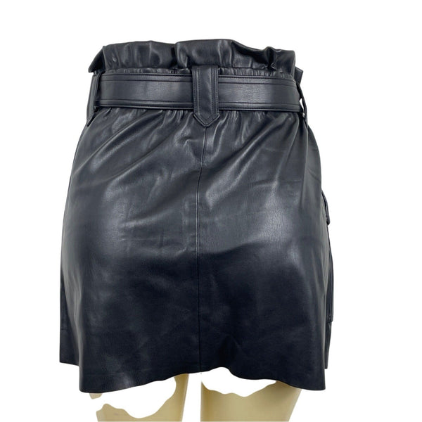 Zara Womens Black Leather A-Line Mini Skirt With Paperbag Waist Size L