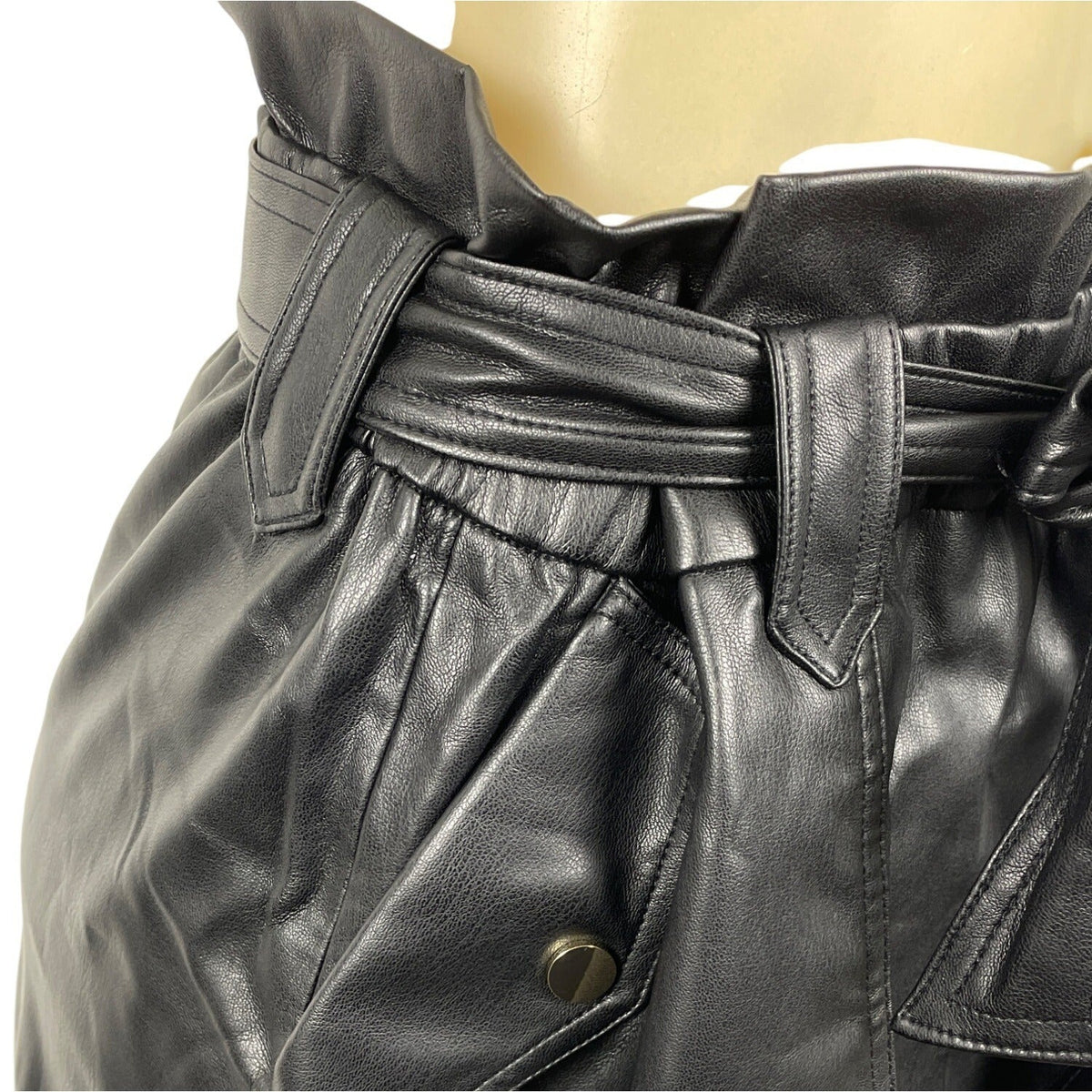Zara Womens Black Leather A-Line Mini Skirt With Paperbag Waist Size L