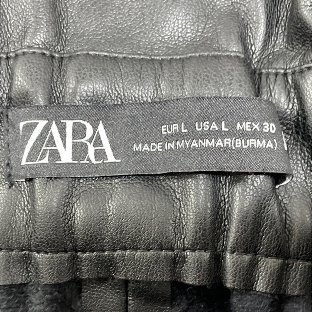 Zara Womens Black Leather A-Line Mini Skirt With Paperbag Waist Size L