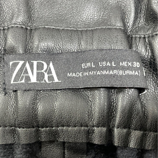 Zara Womens Black Leather A-Line Mini Skirt With Paperbag Waist Size L