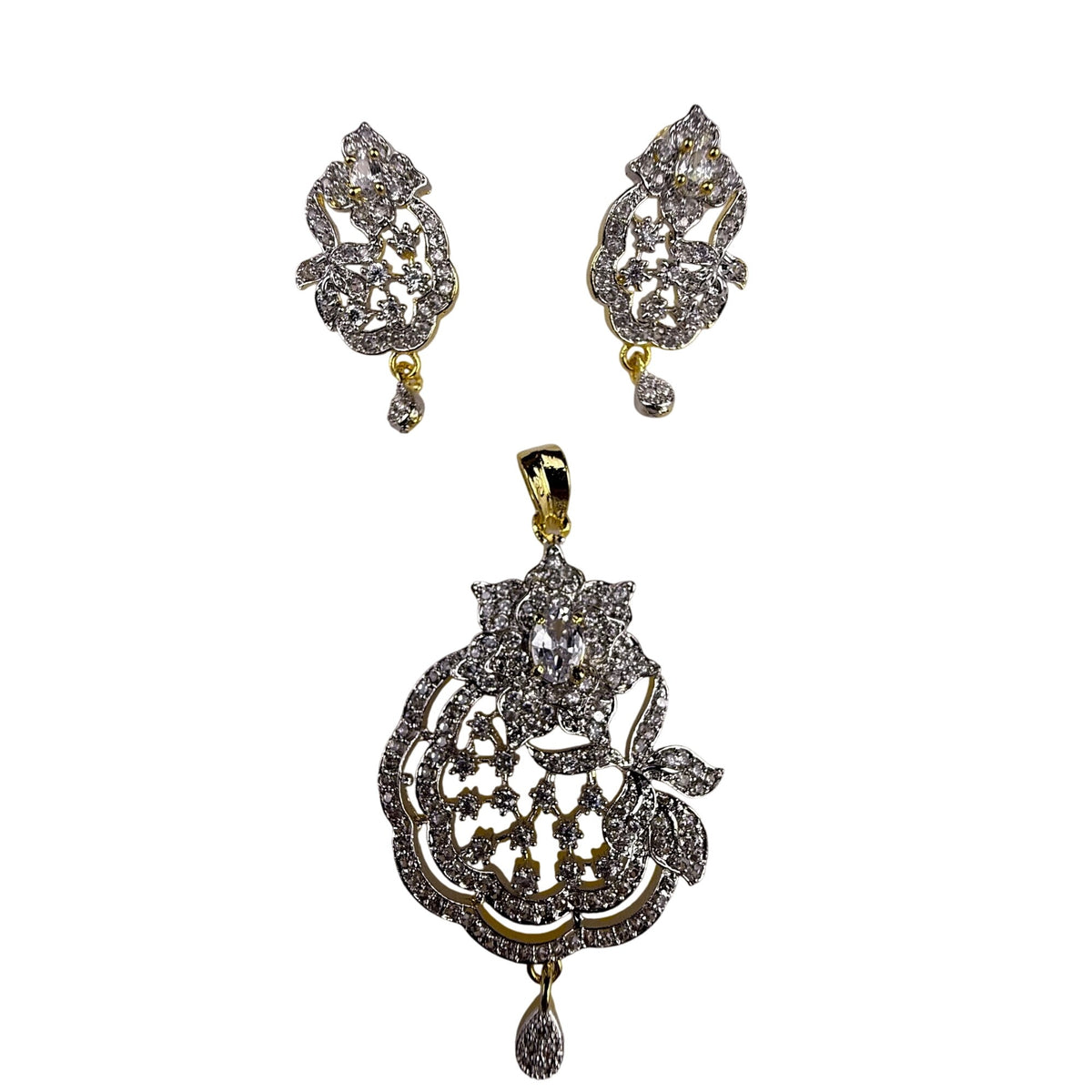 Assembled Crystal Pendant & Earrings Jewelry Set Gold Tone With Rhintone