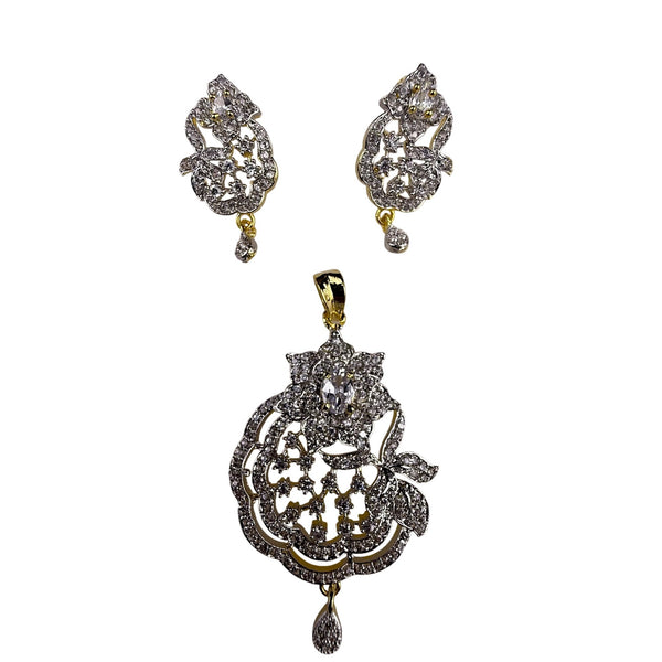 Assembled Crystal Pendant & Earrings Jewelry Set Gold Tone With Rhintone
