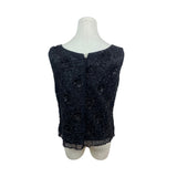 Vintage Beaded Sleeveless Black Top With Fringe Hem & Floral Embellishments