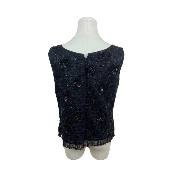 Vintage Beaded Sleeveless Black Top With Fringe Hem & Floral Embellishments