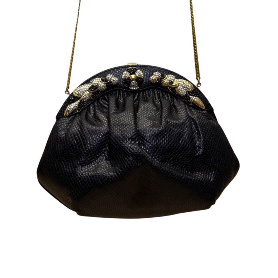 Finesse La Mode Black Leather Rhinestone Embellished Evening Clutch With Strap