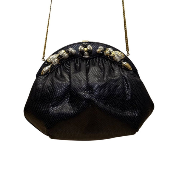 Finesse La Mode Black Leather Rhinestone Embellished Evening Clutch With Strap