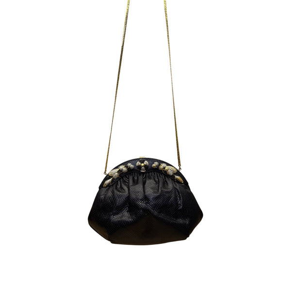 Finesse La Mode Black Leather Rhinestone Embellished Evening Clutch With Strap