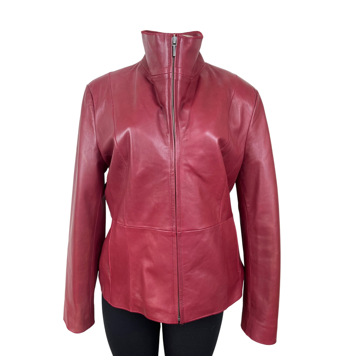 Bernardo Womens Red Leather Jacket With Zip Front & Stand-Up Collar Sz L