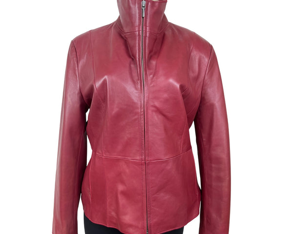 Bernardo Womens Red Leather Jacket With Zip Front & Stand-Up Collar Sz L