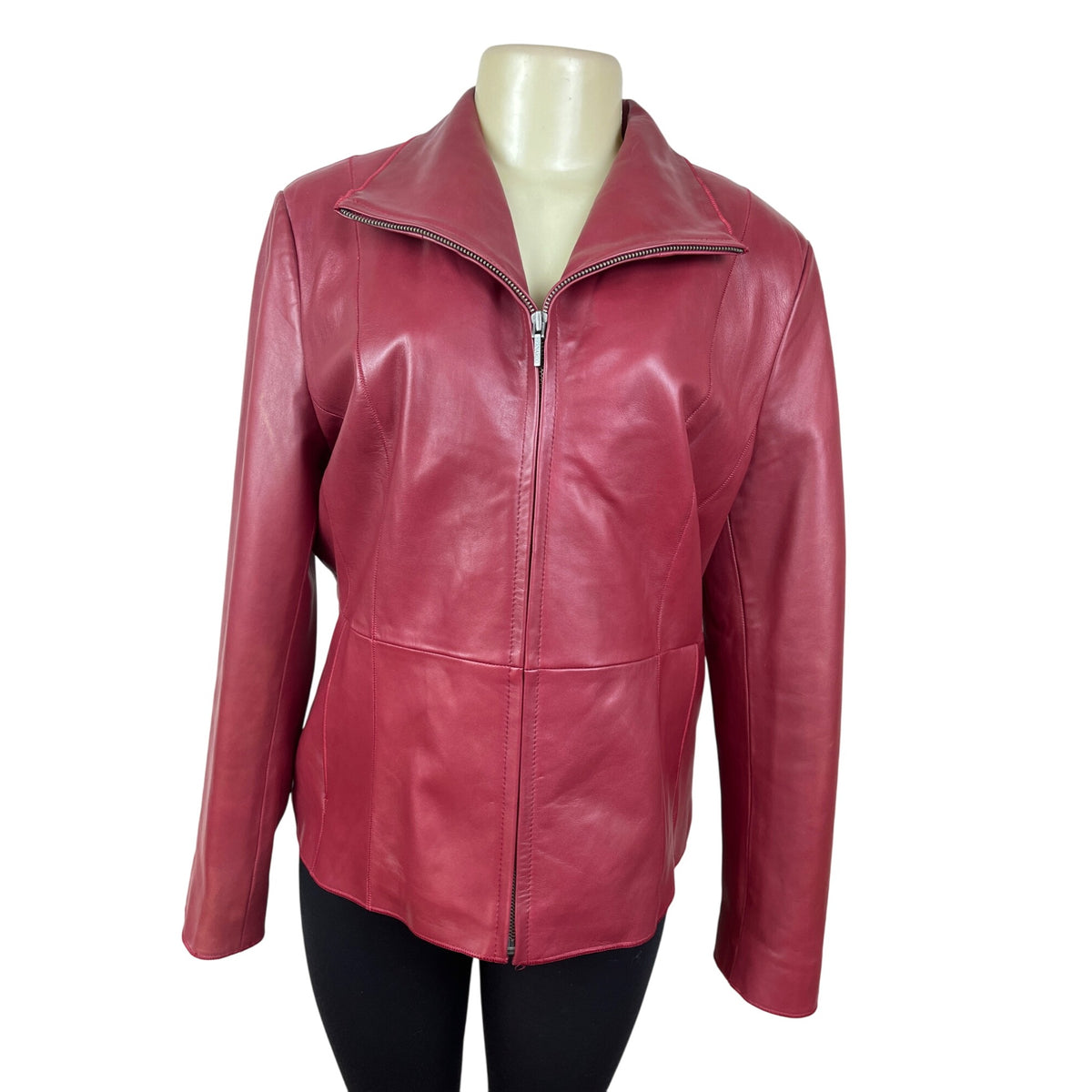 Bernardo Womens Red Leather Jacket With Zip Front & Stand-Up Collar Sz L