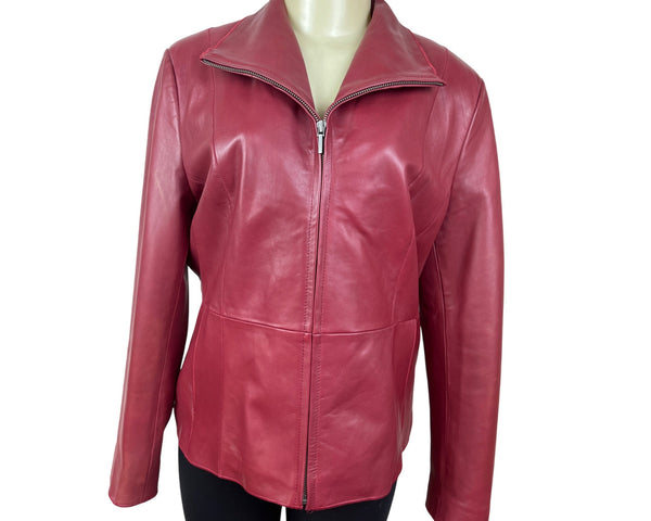 Bernardo Womens Red Leather Jacket With Zip Front & Stand-Up Collar Sz L