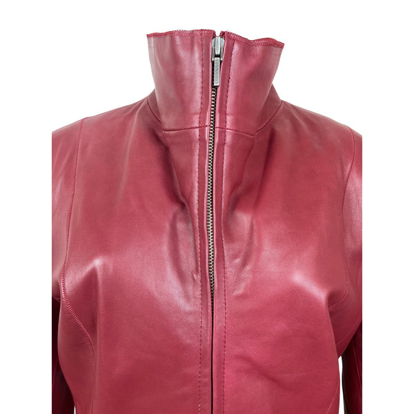 Bernardo Womens Red Leather Jacket With Zip Front & Stand-Up Collar Sz L