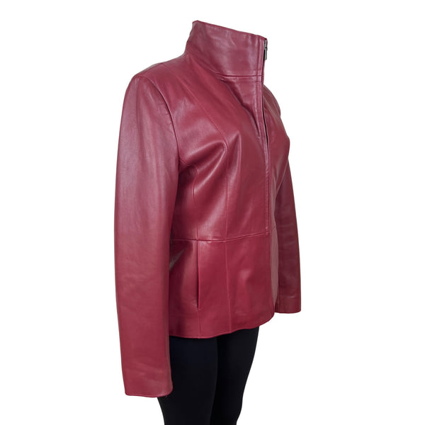Bernardo Womens Red Leather Jacket With Zip Front & Stand-Up Collar Sz L