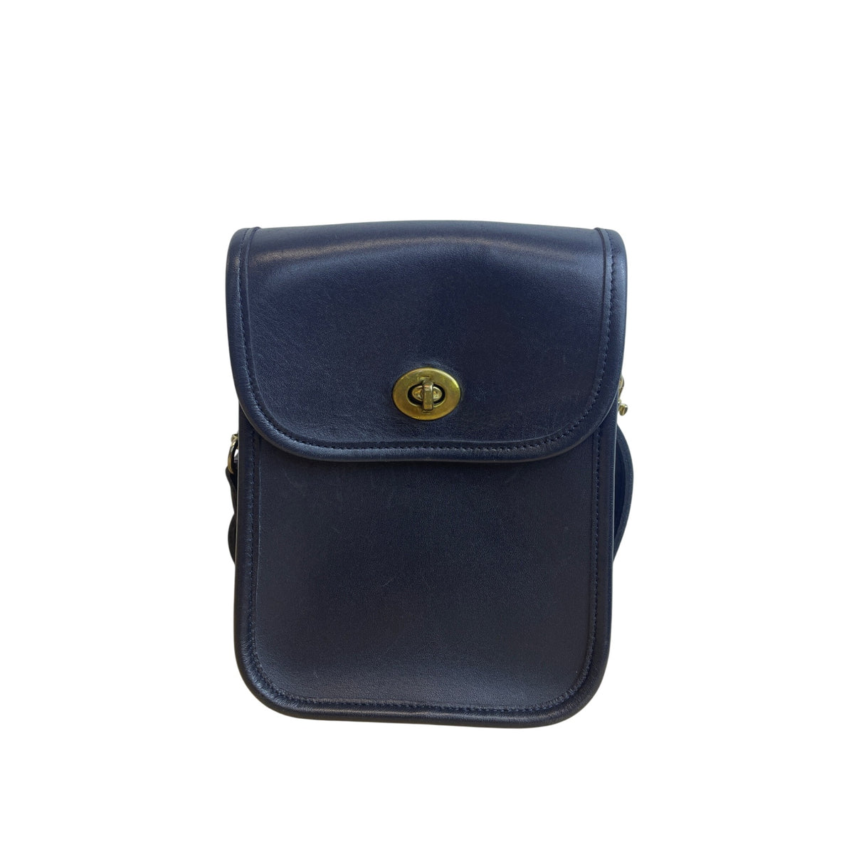 Leather Navy Crossbody Bag With Brass Lock Snap Closure Adjustable Strap