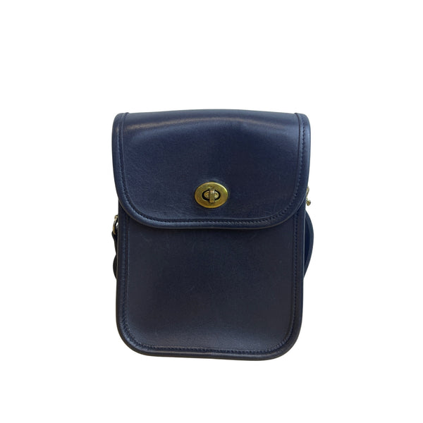 Leather Navy Crossbody Bag With Brass Lock Snap Closure Adjustable Strap