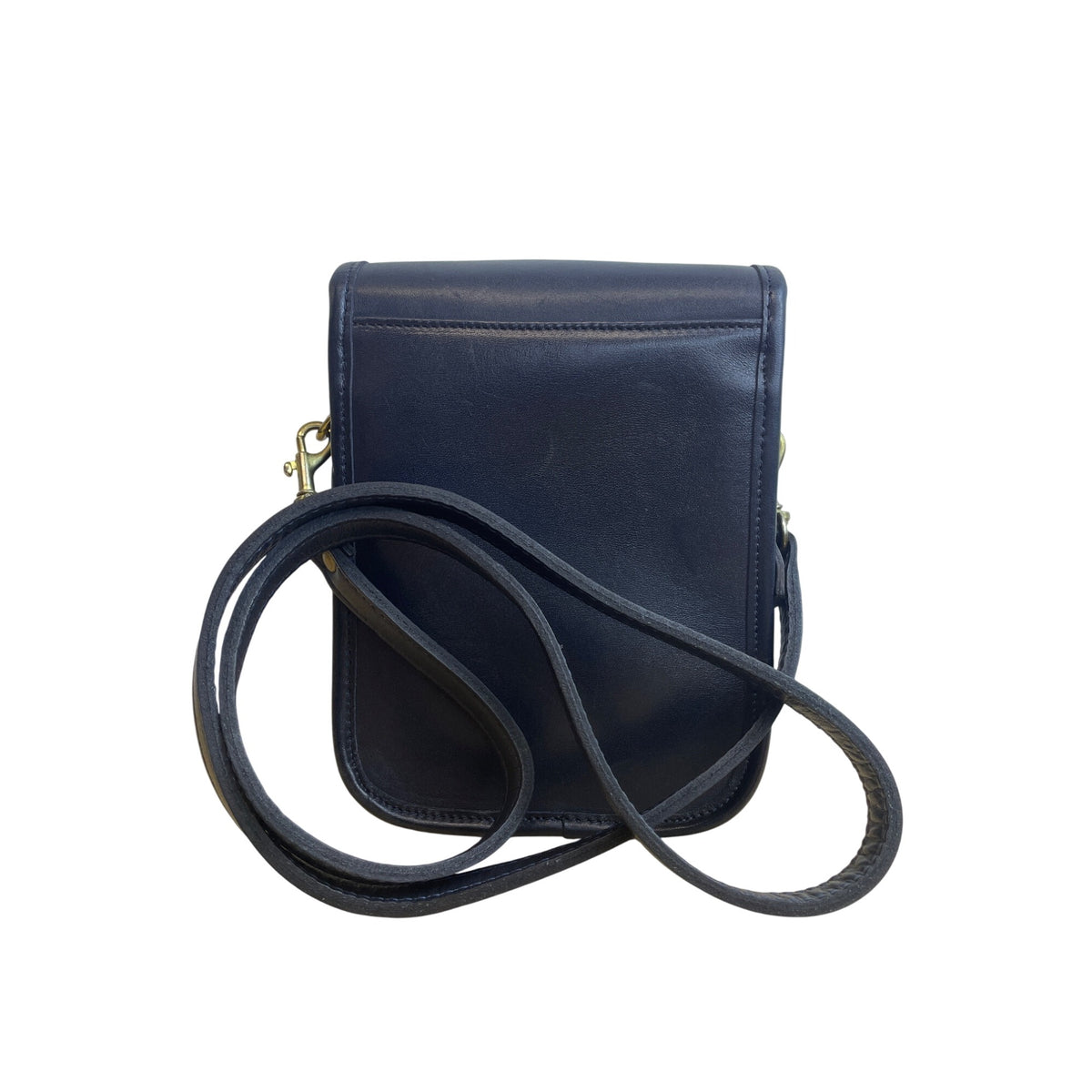 Leather Navy Crossbody Bag With Brass Lock Snap Closure Adjustable Strap