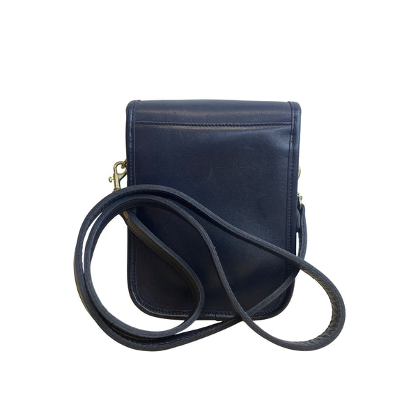 Leather Navy Crossbody Bag With Brass Lock Snap Closure Adjustable Strap