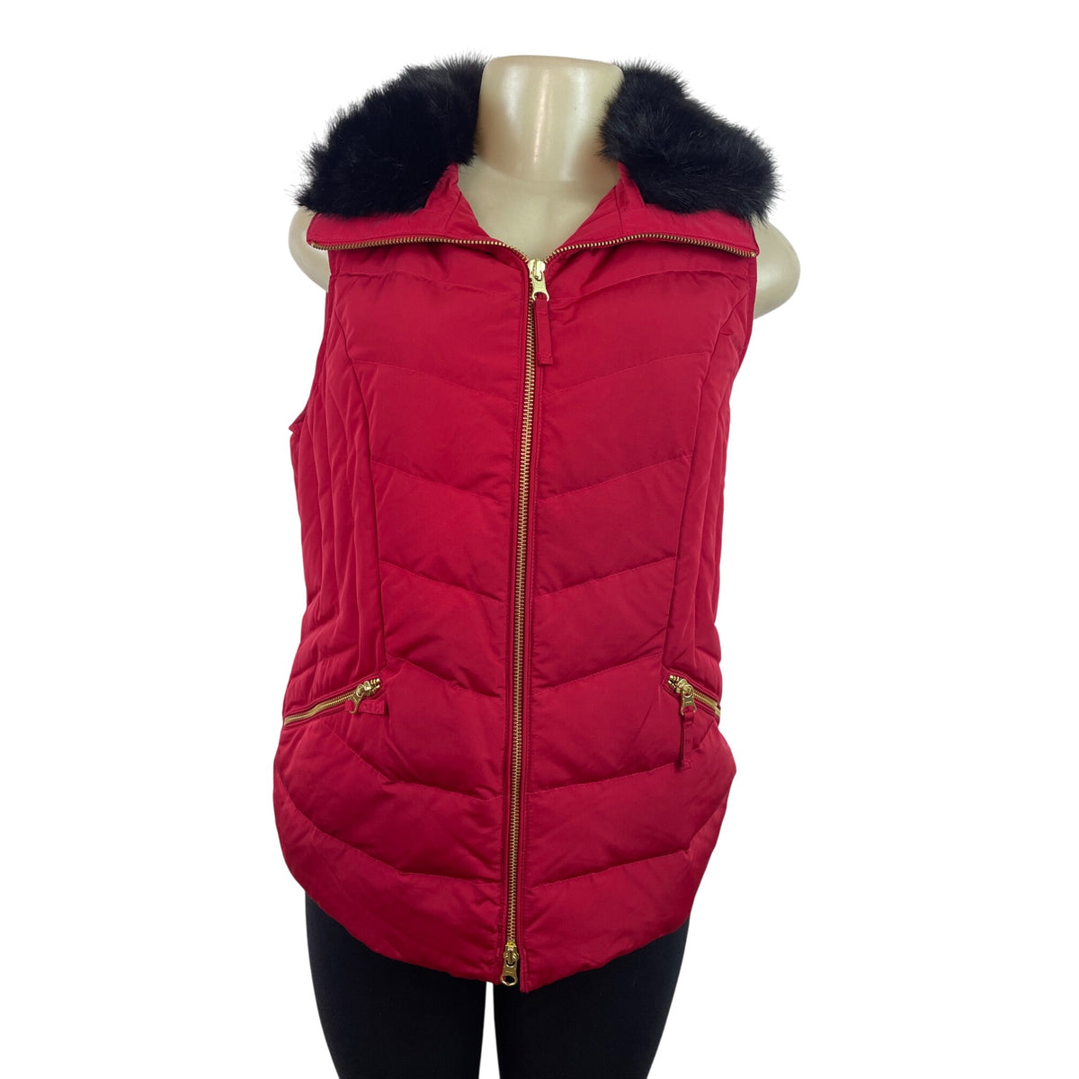 Talbots Red Puffer Vest With Faux Fur Collar & Gold Zipper Details Size S - New