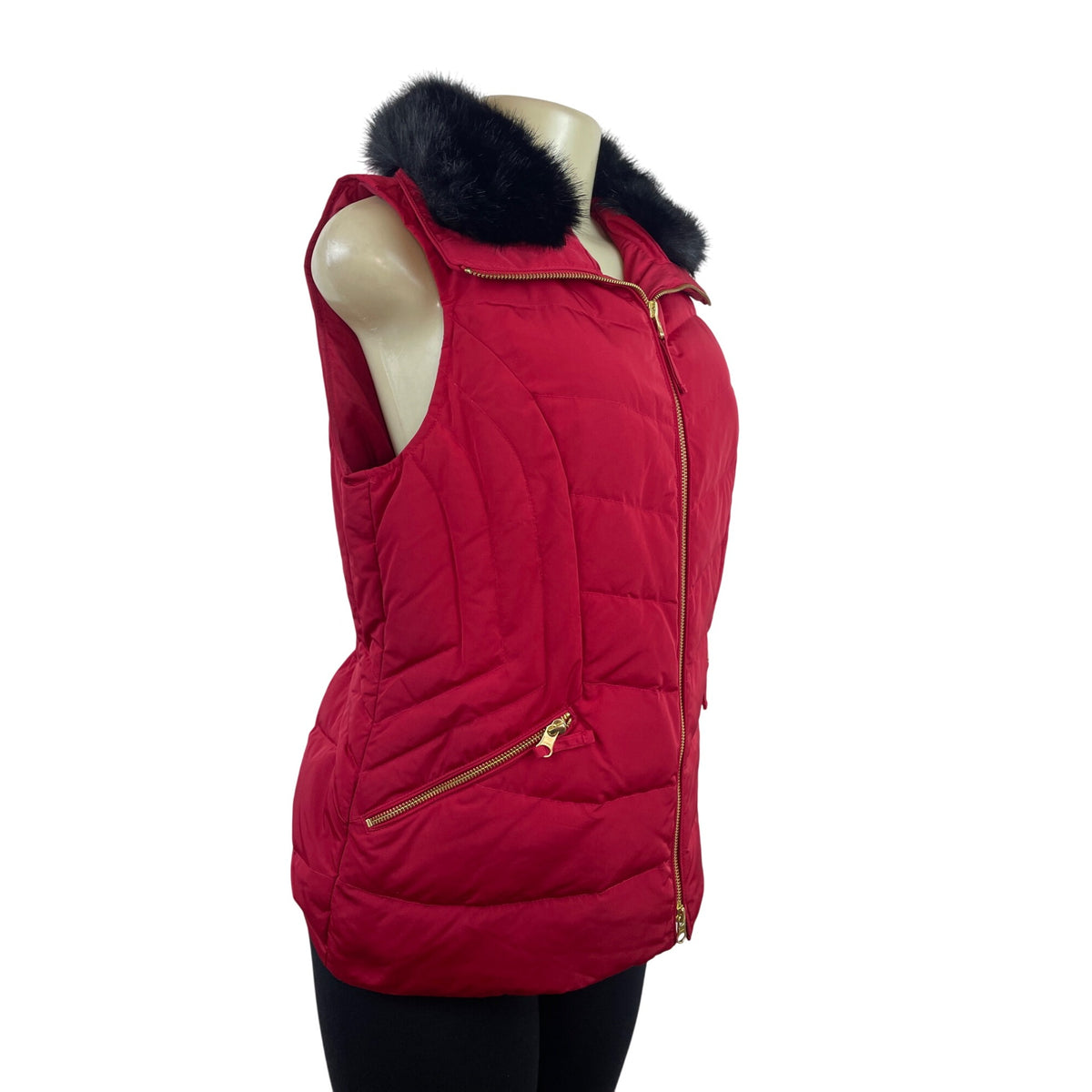 Talbots Red Puffer Vest With Faux Fur Collar & Gold Zipper Details Size S - New