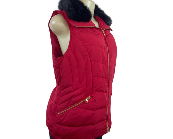 Talbots Red Puffer Vest With Faux Fur Collar & Gold Zipper Details Size S - New