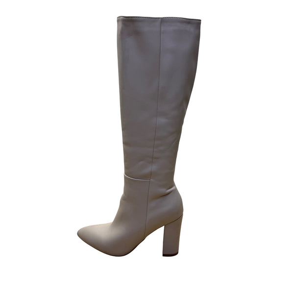 Womens Beige Faux Leather Tall Knee-High Heeled Boots Side Zipper Pointed Toe Shoes