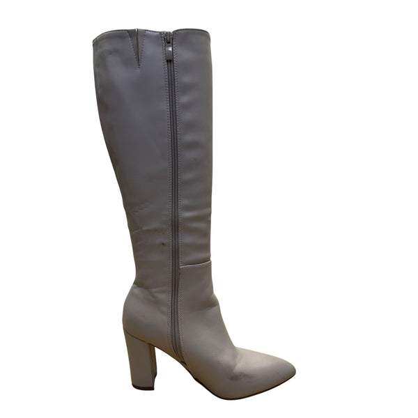 Womens Beige Faux Leather Tall Knee-High Heeled Boots Side Zipper Pointed Toe Shoes