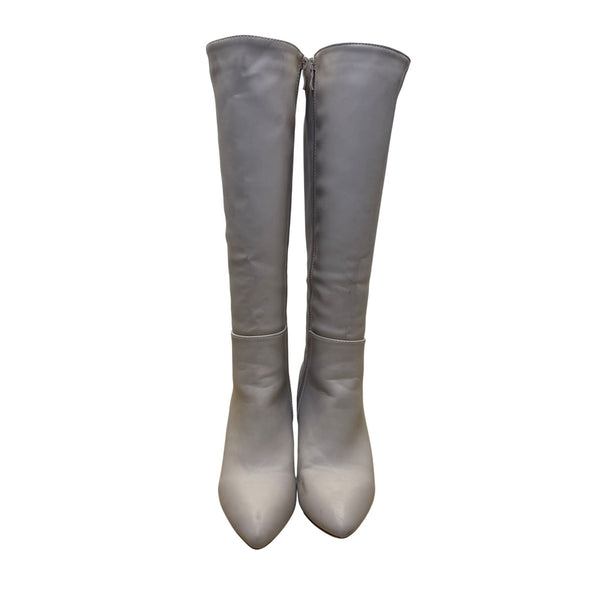 Womens Beige Faux Leather Tall Knee-High Heeled Boots Side Zipper Pointed Toe Shoes