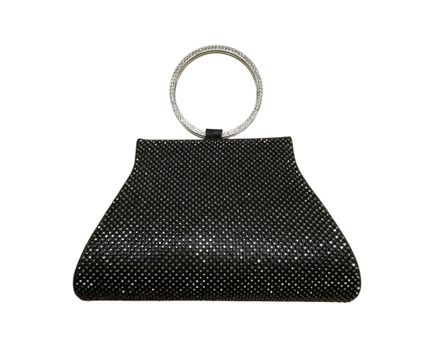 Mossmon Black Rhinestone Silver Handle Satin Lining Snap Closure Evening Clutch