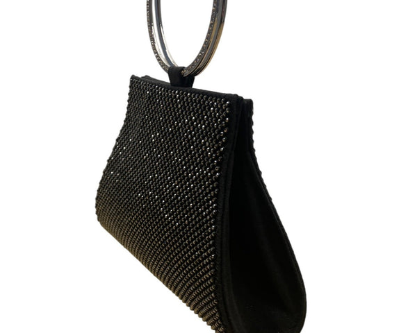Mossmon Black Rhinestone Silver Handle Satin Lining Snap Closure Evening Clutch