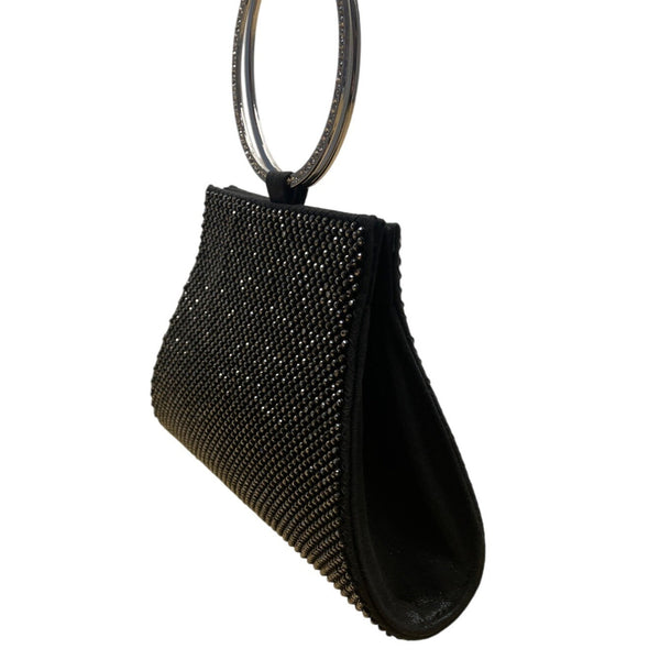 Mossmon Black Rhinestone Silver Handle Satin Lining Snap Closure Evening Clutch