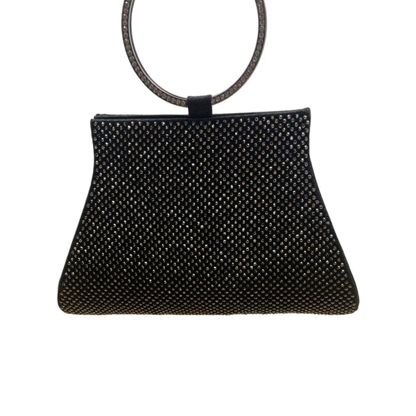 Mossmon Black Rhinestone Silver Handle Satin Lining Snap Closure Evening Clutch