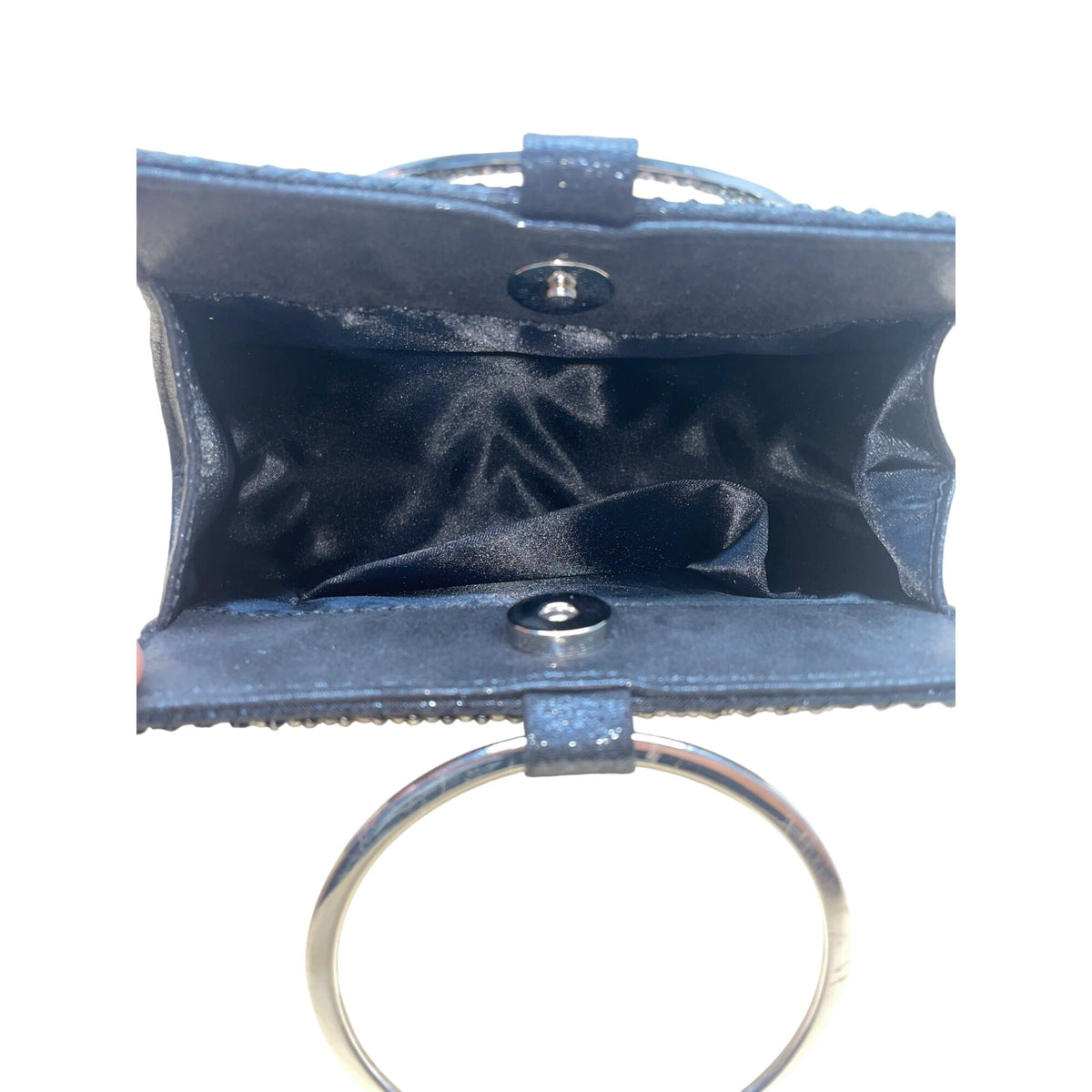 Mossmon Black Rhinestone Silver Handle Satin Lining Snap Closure Evening Clutch